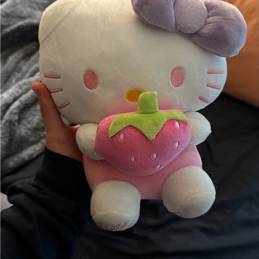 Hello Kitty Plush with Pink Strawberry and Purple Bow